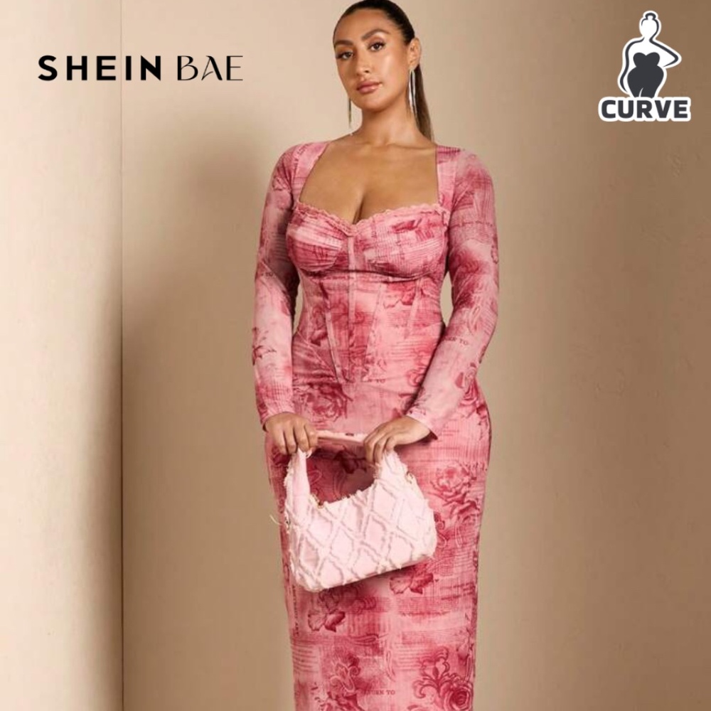 Pink Mesh Long Sleeve Bodycon Dress